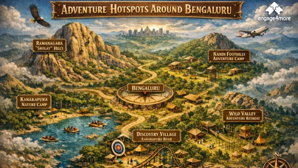 An illustrated map showing top team building locations near Bengaluru including Ramanagara, Kanakapura, Nandi Hills, and Discovery Village