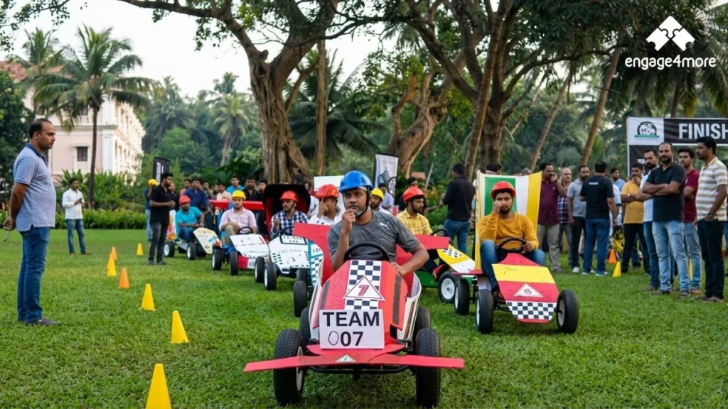 Corporate team participating in a Formula 1 racing challenge during a team-building event in Pune by engage4more