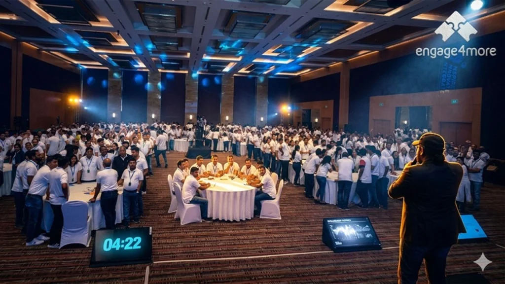 Large-scale corporate team building event in a Hyderabad luxury ballroom with hundreds of employees in white uniforms participating in a synchronized workshop