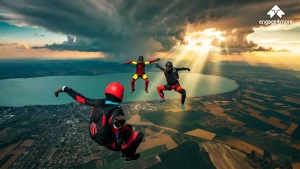 engage4more high-energy team building banner showing skydivers in formation, illustrating strategic realignment and shattering patterns