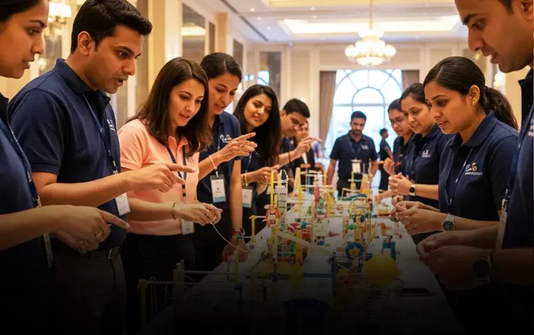 A corporate team collaborating on a complex "Chain Reaction" mechanical contraption during an indoor engagement session.