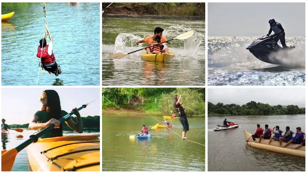 Corporate teams participating in kayaking, zip-lining, and jet skiing during a team building offsite in Kolad.