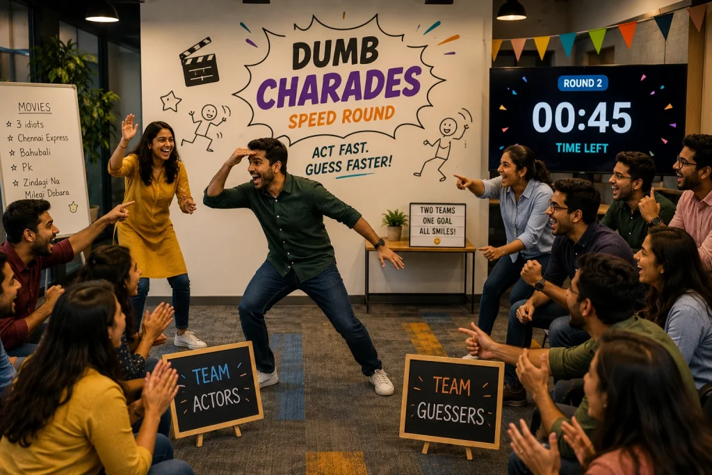 Energetic office team playing a high-speed game of Dumb Charades, with one employee acting out a movie while the team guesses, promoting fun and quick thinking.