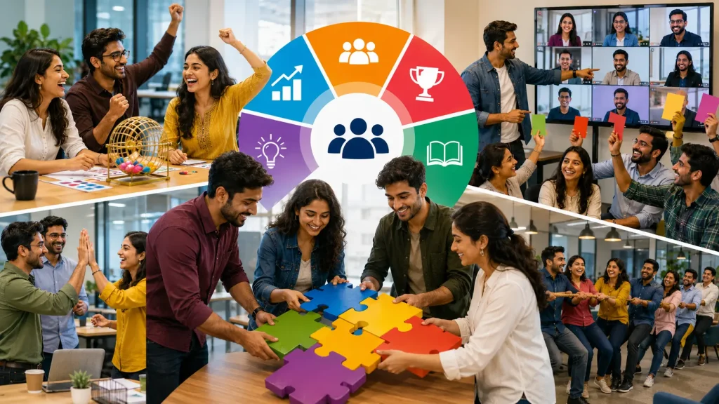 A collage showing diverse professional teams successfully participating in various workplace collaboration and connection activities