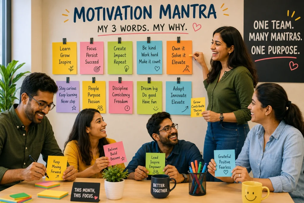 Employees collaborating on a Motivation Mantra wall, writing and displaying sticky notes with three-word personal goals to foster accountability and team unity.