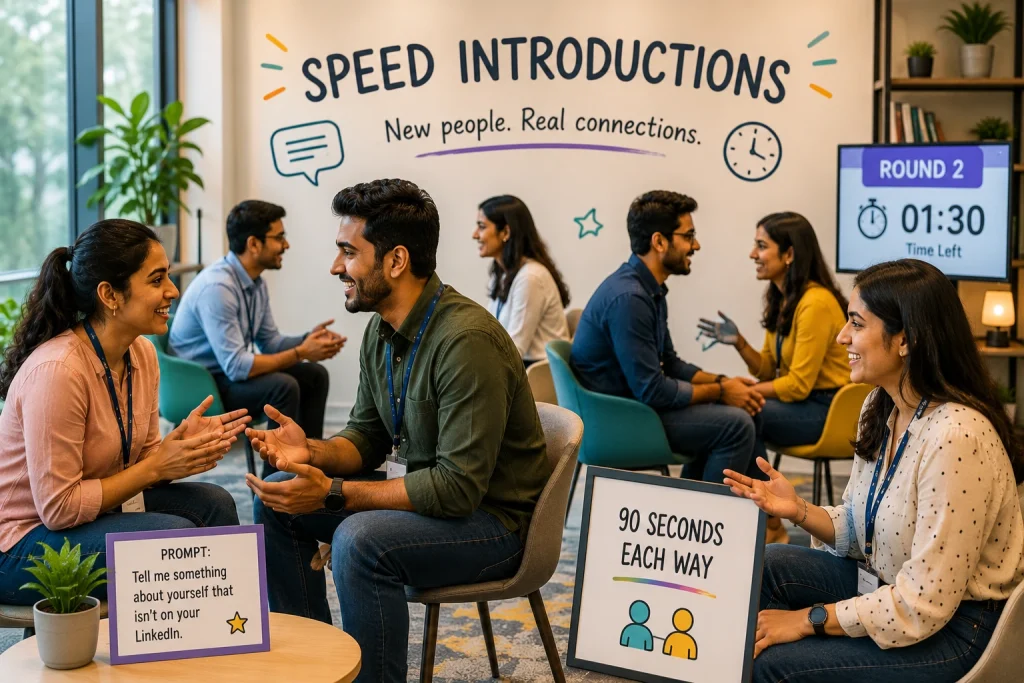 Employees engaging in a Speed Introductions exercise, sitting in pairs and having meaningful conversations to build workplace rapport.