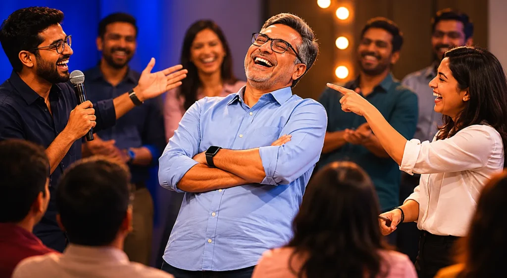 professional-boss-roast-corporate-culture A senior executive laughing during a professional office roast event held for employees