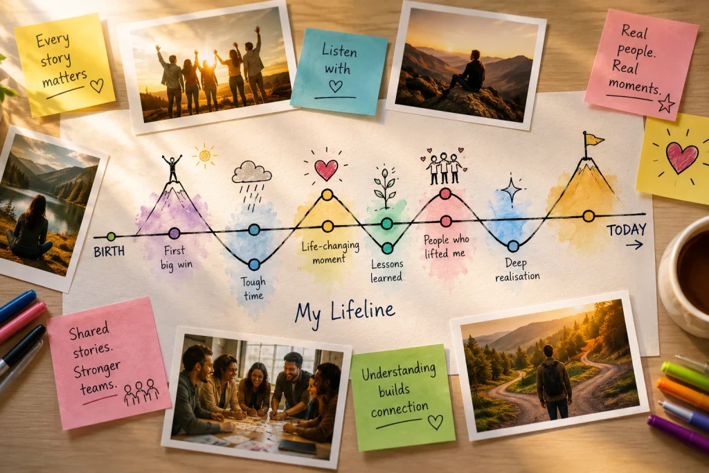 A hand-drawn Lifeline Exercise diagram on paper with sticky notes, photos, and icons illustrating personal growth, peaks, and valleys