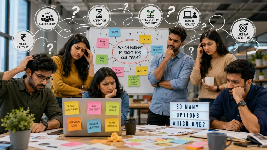 A group of professionals looking stressed and confused at a meeting table while trying to decide on the best workplace collaboration format for their team