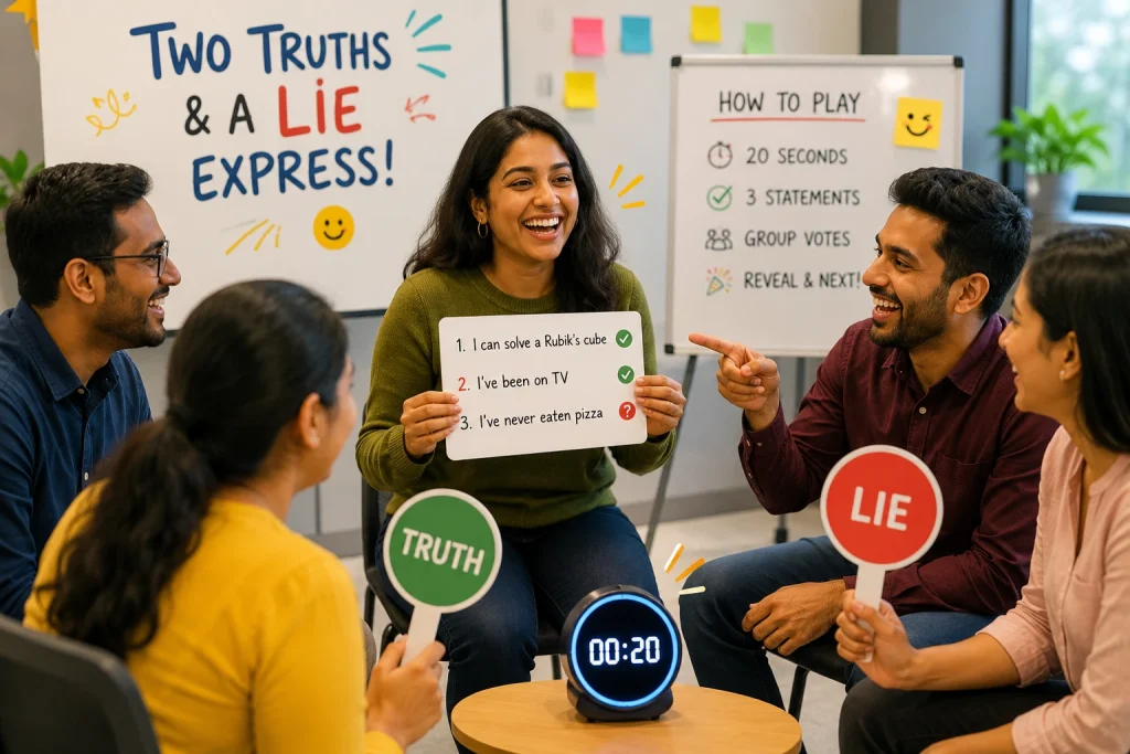 mployees playing a game of Two Truths and A Lie in an office, holding voting paddles and a card with three statements to build team connections.