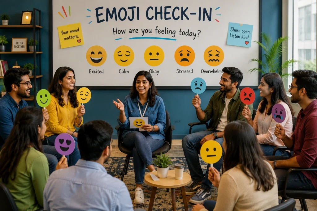 A diverse office team participating in an Emoji Check-In session, holding up different mood icons to share their feelings in a supportive group meeting.