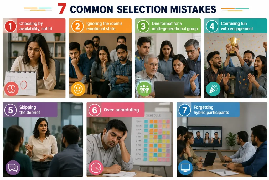 An infographic illustrating 7 common mistakes when planning corporate collaboration, including over-scheduling, ignoring emotional states, and forgetting remote participants
