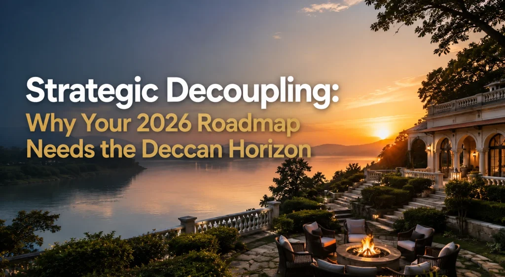 Luxury lakeside corporate retreat banner with sunset view and outdoor fire pit seating