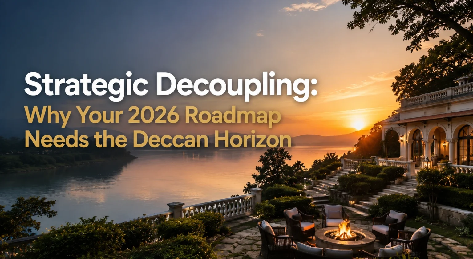 Luxury lakeside corporate retreat banner with sunset view and outdoor fire pit seating
