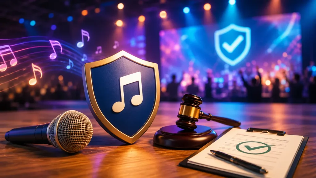 A professional banner showing a microphone, a music shield, and a legal gavel, representing the intersection of music entertainment and legal compliance for corporate events