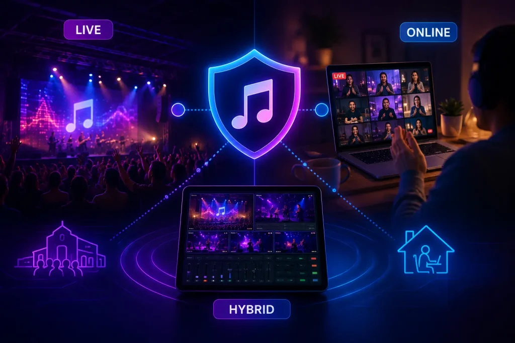 A composite graphic showing a live corporate event stage, a person streaming on a laptop, and a sound mixing board, illustrating that all event formats require music licensing