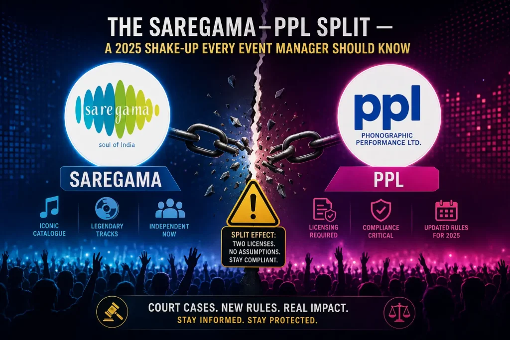 An infographic illustrating the 2025 split between Saregama and PPL, showing that two separate licenses are now required for these distinct music catalogues