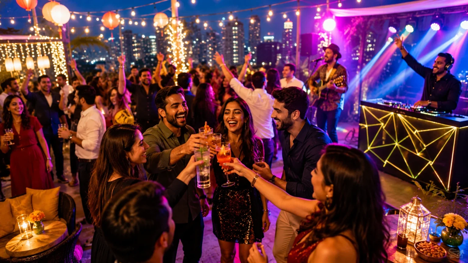 A group of colleagues laughing and toasting with drinks at an outdoor evening rooftop party with a DJ and live music