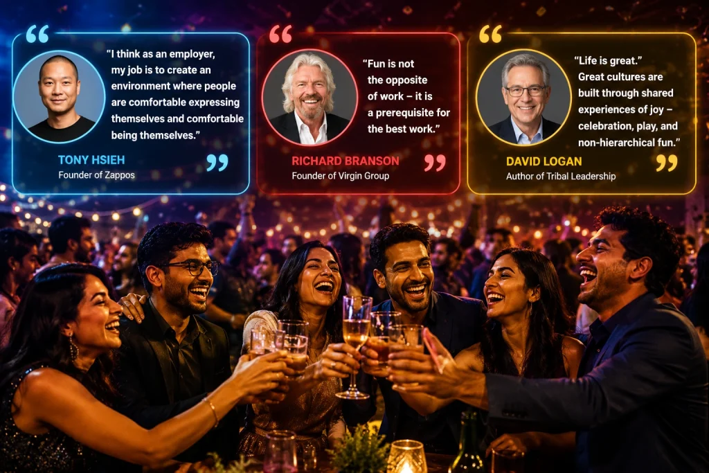 Infographic featuring quotes from Tony Hsieh, Richard Branson, and David Logan about the business value of workplace fun and celebration