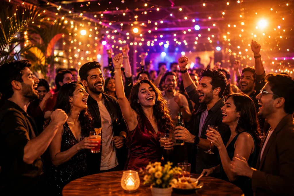A diverse group of professional colleagues cheering and dancing together at an evening rooftop party