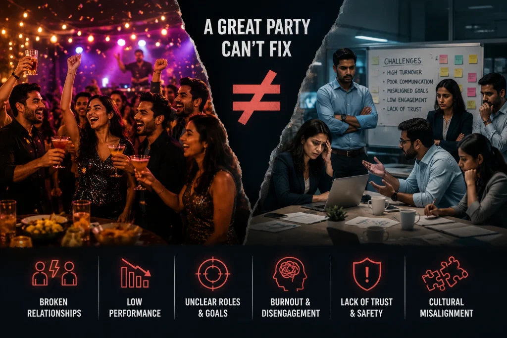 Infographic contrasting a fun social event with a workplace environment experiencing challenges like low trust and burnout