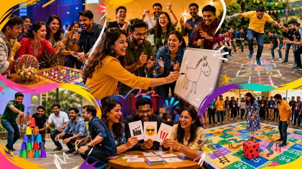 A vibrant collage of corporate team bonding activities including Tambola, Pictionary, childhood games, and trivia, showing happy office colleagues connecting