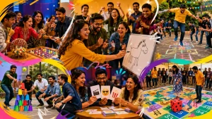 A vibrant collage of corporate team bonding activities including Tambola, Pictionary, childhood games, and trivia, showing happy office colleagues connecting