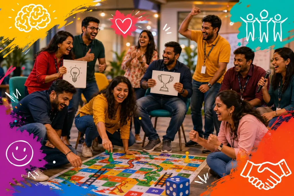 A diverse group of joyful Indian office colleagues sitting on the floor playing a large-scale board game, laughing, and holding up signs with a lightbulb and a trophy