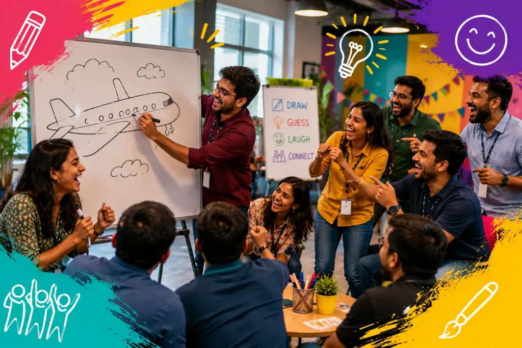 A team of enthusiastic colleagues playing Pictionary in an office, with one man drawing an airplane on a whiteboard while his teammates cheer and guess