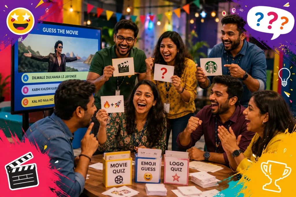 A diverse group of office colleagues laughing and playing a trivia quiz game, holding up cards with emojis and logos, with a screen in the background showing a Bollywood movie quiz