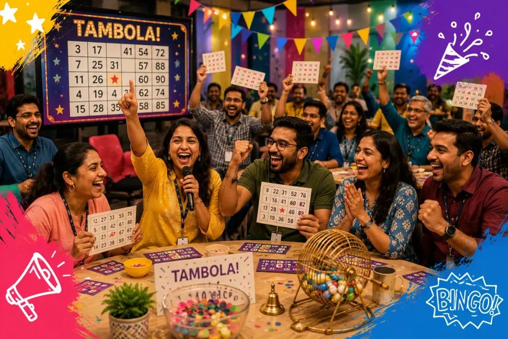 A group of joyful colleagues playing Tambola (Housie) in an office, with one woman excitedly calling out a number and others holding their game tickets