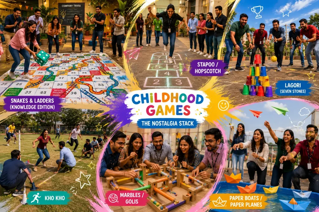 A composite image showing various nostalgic childhood games being played by corporate teams, including Snakes & Ladders, Hopscotch, Lagori, Kho Kho, marble runs, and paper boat races