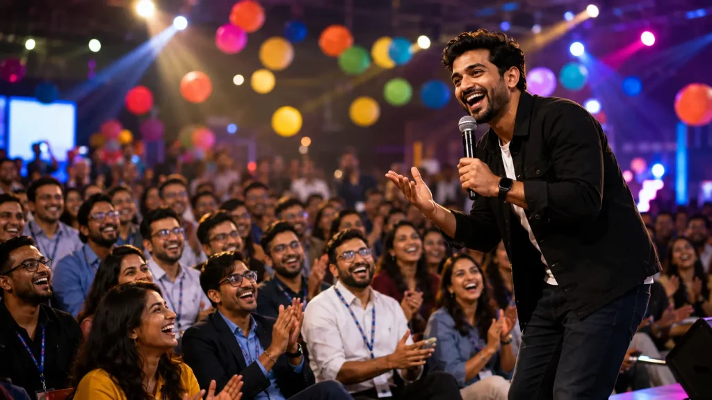 The P.U.N.C.H.Y. Framework: Blueprint for Comedy That Actually Lands A professional stand-up comedian performing for an engaged corporate audience at a live event