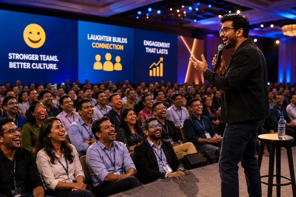 engage4more-comedy-impact-metrics A speaker on stage in front of large screens displaying: "Stronger teams. Better culture. Laughter builds connection. Engagement that lasts."
