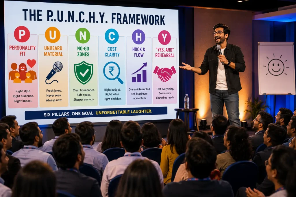 punchy-framework-corporate-comedy-six-pillars The P.U.N.C.H.Y. framework infographic for corporate event planners: Personality Fit, Unheard Material, No-Go Zones, Cost Clarity, Hook & Flow, and Yes-And Rehearsal