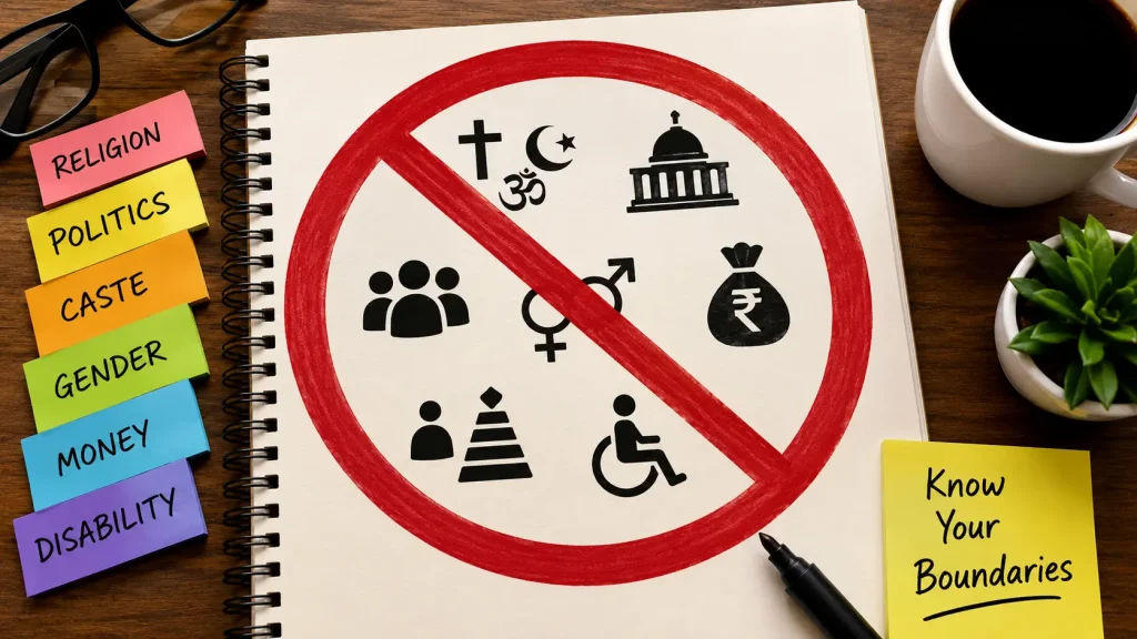 punchy-framework-no-go-zones-corporate-comedy-boundaries A sketchpad showing a 'no entry' sign with icons representing religious, political, gender, and financial topics, alongside color-coded sticky notes labeled Religion, Politics, Caste, Gender, Money, and Disability
