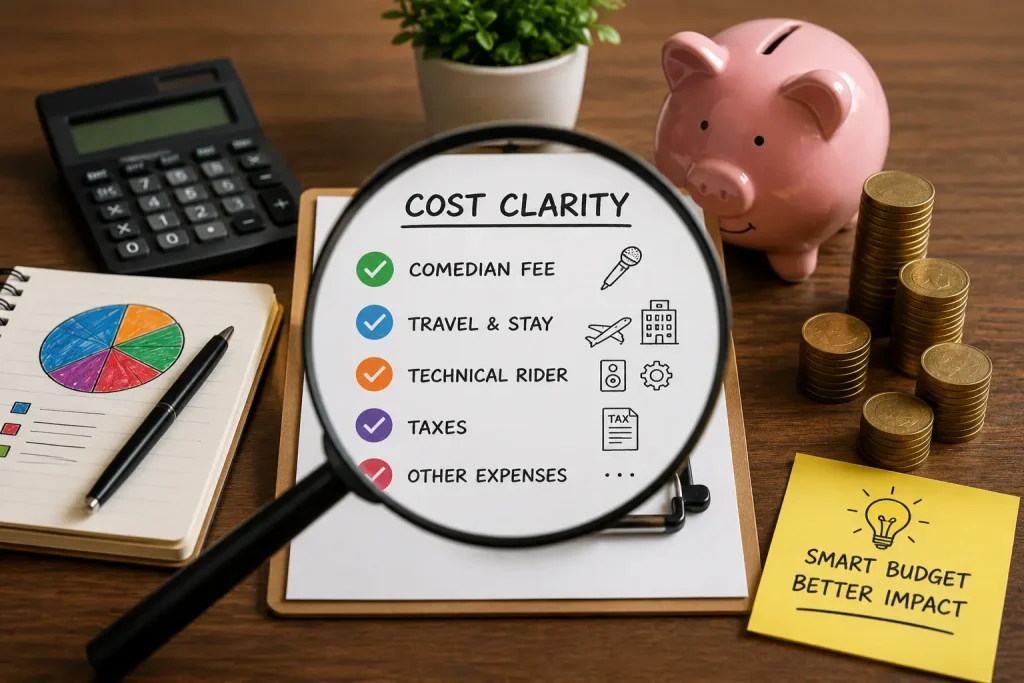 punchy-framework-cost-clarity-corporate-comedy-budget A magnifying glass over a checklist titled "Cost Clarity" on a clipboard, listing items like Comedian Fee, Travel & Stay, Technical Rider, Taxes, and Other Expenses, next to a piggy bank and coins
