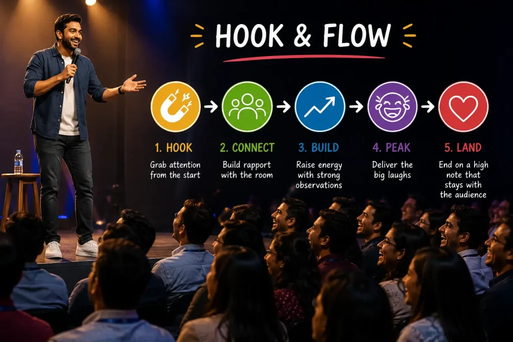 punchy-framework-hook-and-flow-corporate-comedy-strategy A 5-step infographic titled "Hook & Flow" illustrating the comedy performance arc: 1. Hook, 2. Connect, 3. Build, 4. Peak, 5. Land, with icons for each stage