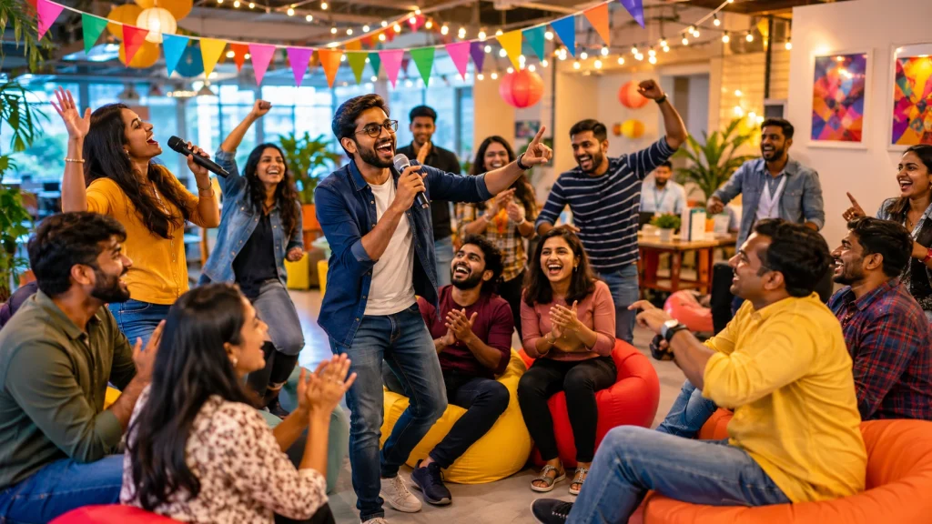 A happy group of employees singing and cheering during an office Antakshari session