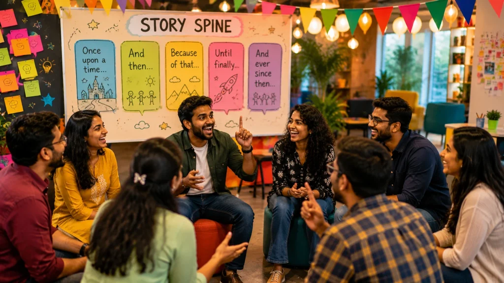 A diverse team sitting in a circle, laughing and collaborating on a Story Spine exercise in an office