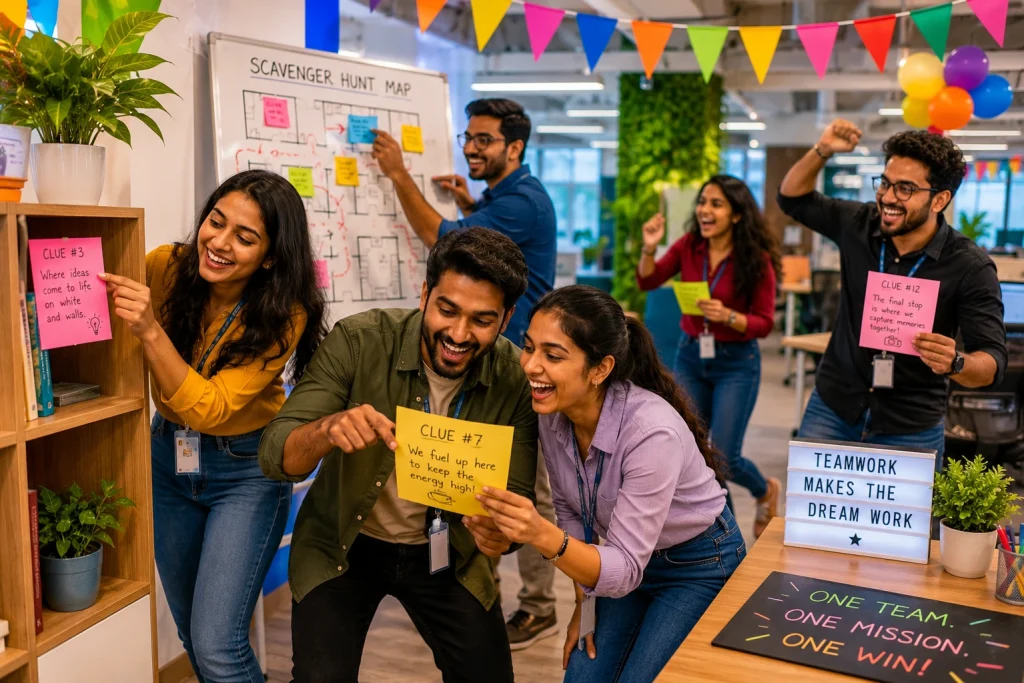 Diverse team of employees cheering while solving clues during an office scavenger hunt