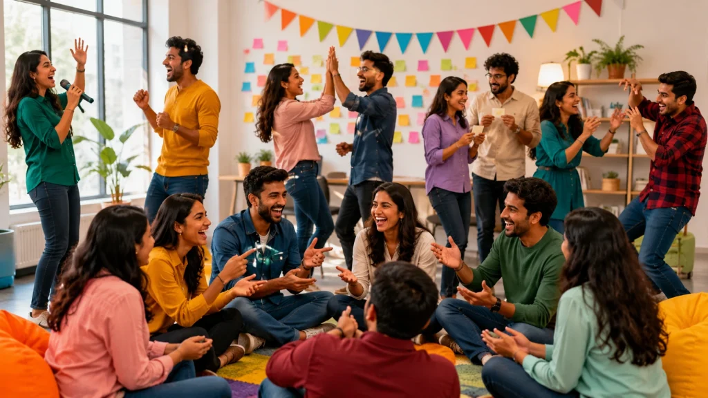 A diverse team of employees laughing and interacting in a bright office space during an engagement session