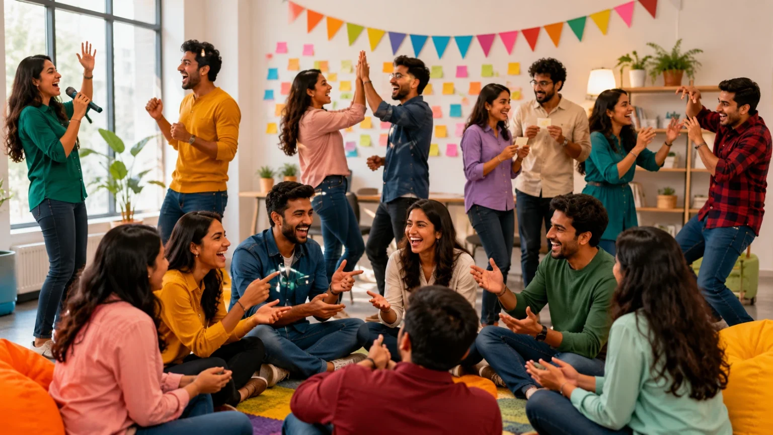 A diverse team of employees laughing and interacting in a bright office space during an engagement session