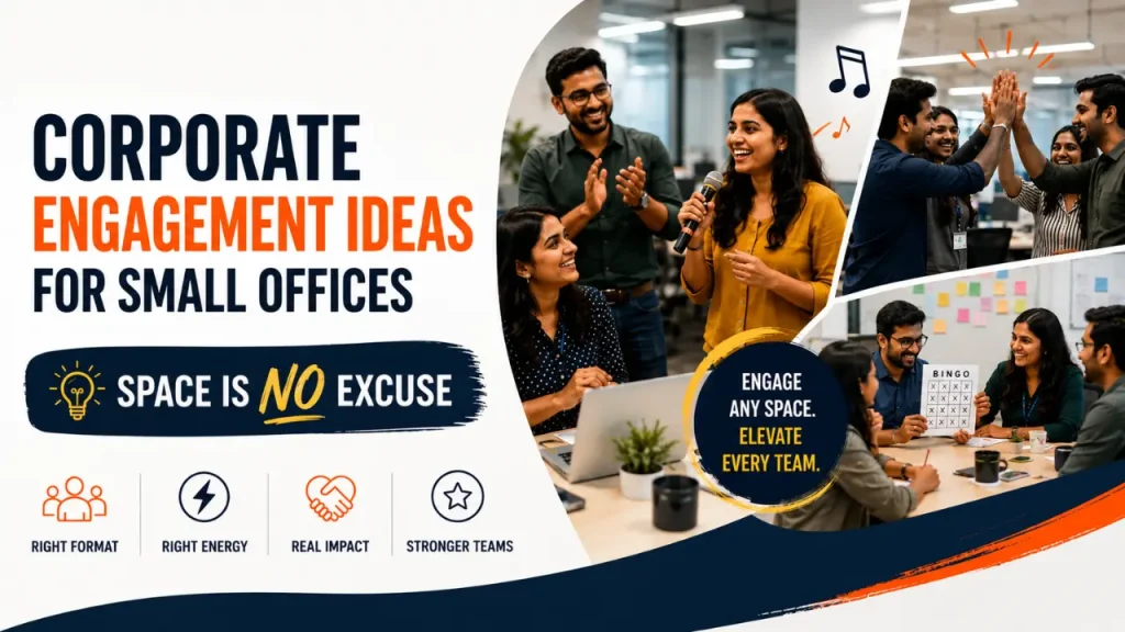 A graphic banner titled "Corporate Engagement Ideas for Small Offices: Space Is No Excuse" featuring images of employees enjoying interactive office sessions like bingo and music-based games.