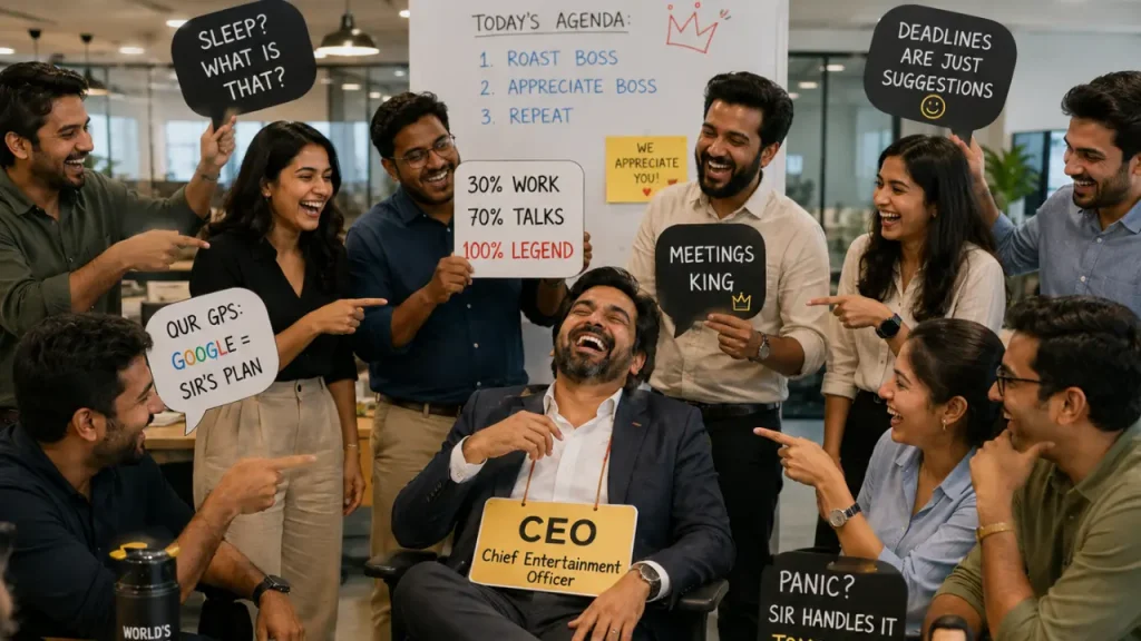 Roasting Your Boss at Work: The Big Opportunity & Even Bigger Risks A laughing CEO surrounded by a happy team holding humorous signs during an office roast event