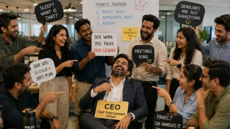 A laughing CEO surrounded by a happy team holding humorous signs during an office roast event