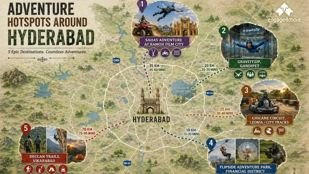 An illustrated map by engage4more showing 5 epic adventure hotspots around Hyderabad, including Sahas Adventure, GravityZip, Chicane Circuit, Flipside Adventure Park, and Deccan Trails