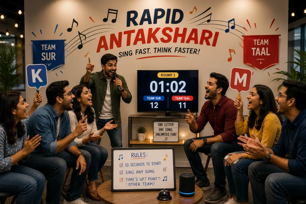 A vibrant, competitive office team playing Rapid Antakshari, singing into a microphone with a scoreboard and rule board visible, showcasing fun workplace collaboration.