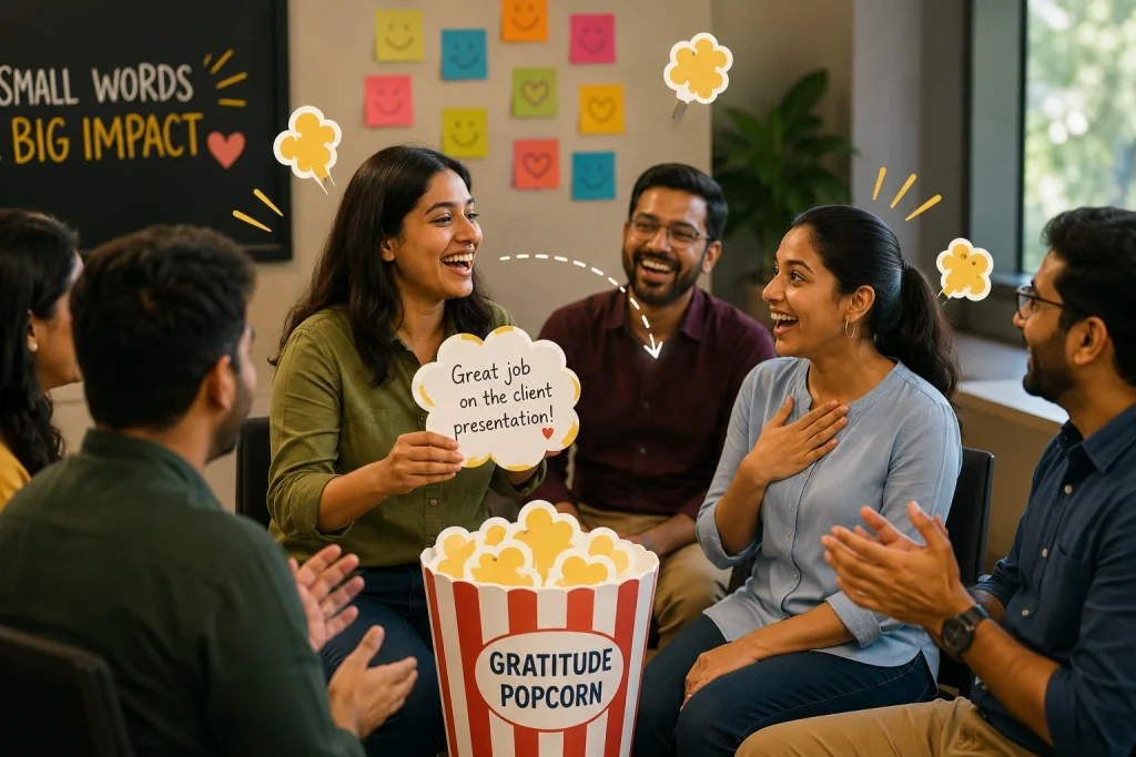 Employees participating in a Gratitude Popcorn session in the office, holding a card that reads 'Great job on the client presentation' while colleagues clap and smile