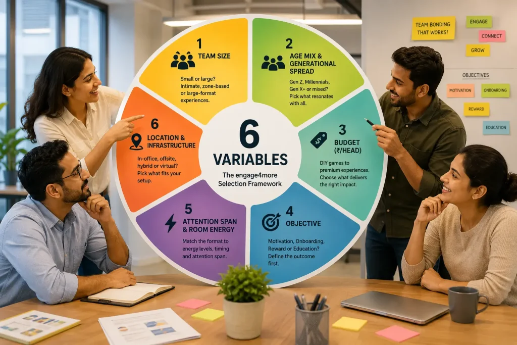 A professional team reviewing the engage4more 6-variable selection framework, which includes team size, age mix, budget, objectives, energy levels, and location